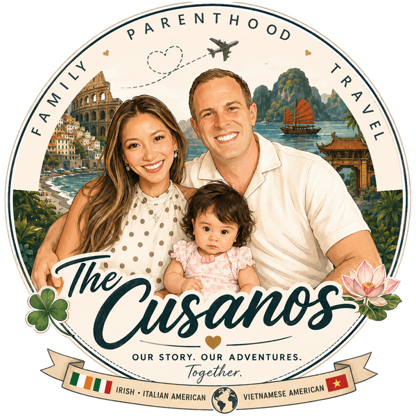 The Cusanos family emblem — an illustrated circular badge: the three of us between an Italian coastline and a Vietnamese bay, ringed Family, Adventure, Travel