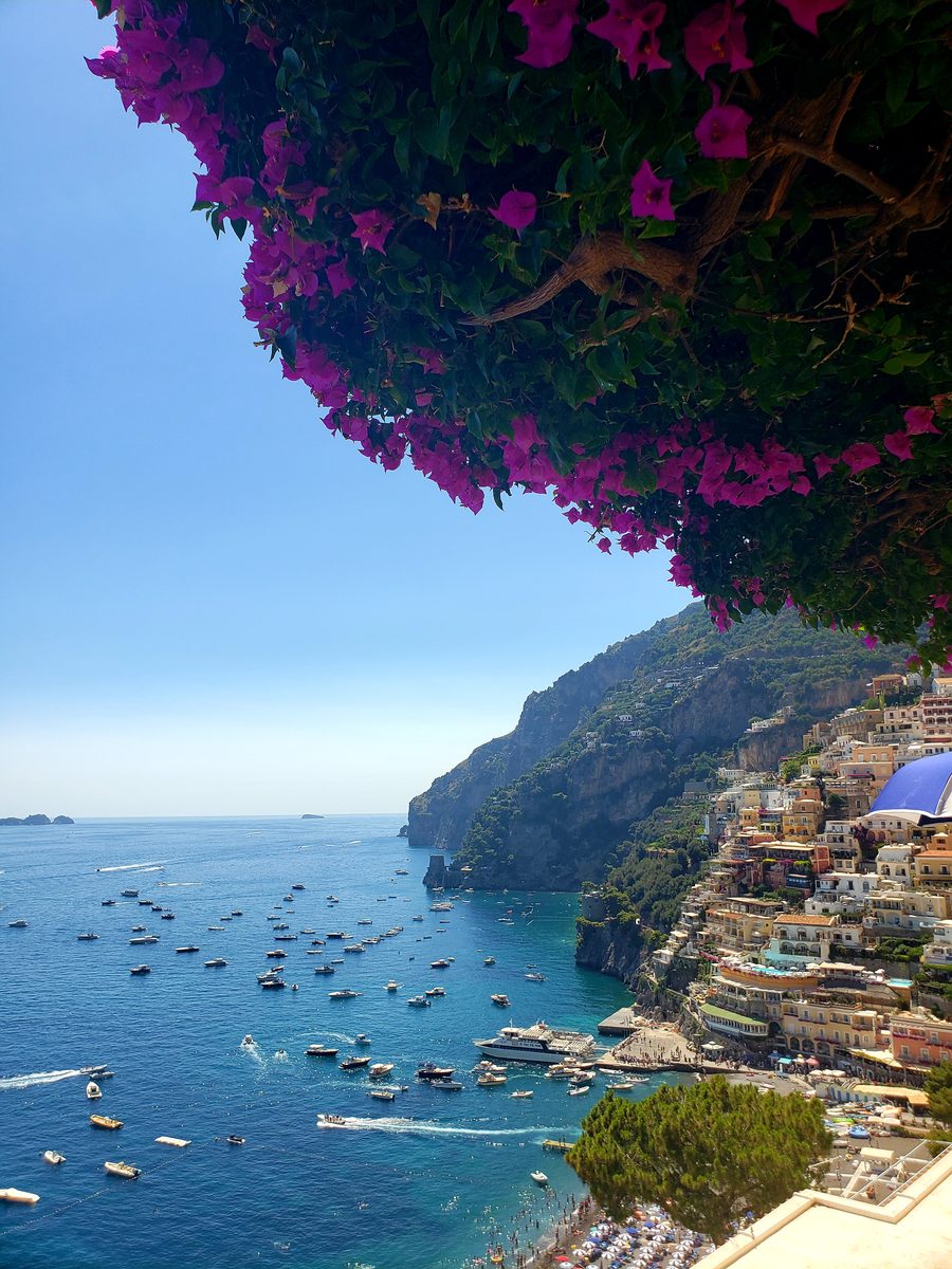Positano stacked on the cliff, seen through bougainvillea, boats in the bay