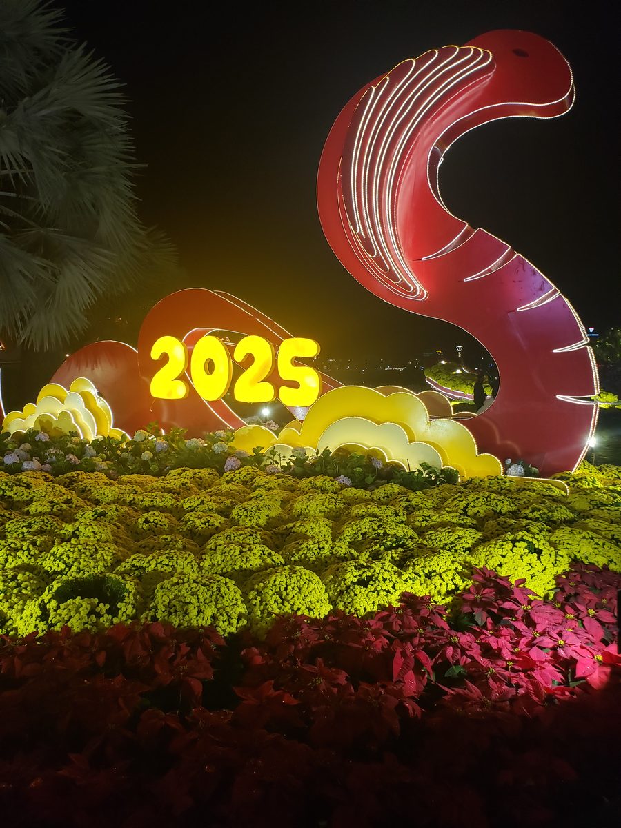A glowing 2025 sign and a red snake sculpture in Tet flowers at night